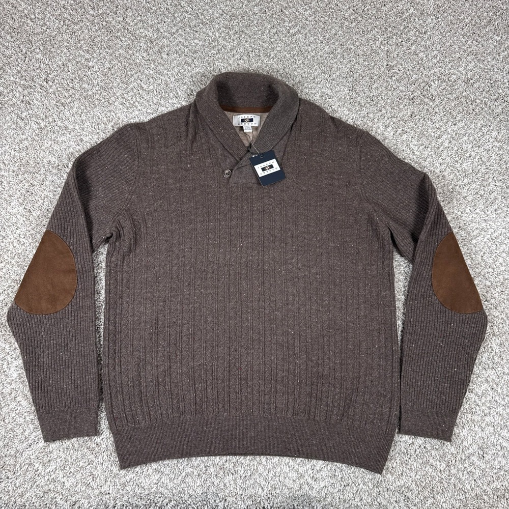 Joseph Abboud Sweater Mens XL Brown Wool Blend Shawl Collar Elbow Patch Heritage